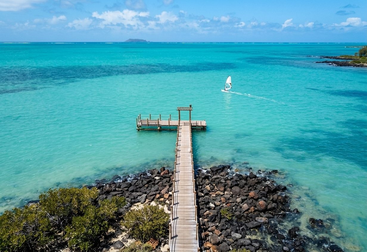 Ponton de bois s&rsquo;avançant dans le lagon turquoise et véliplanchiste au large, au nord de l&rsquo;île Maurice