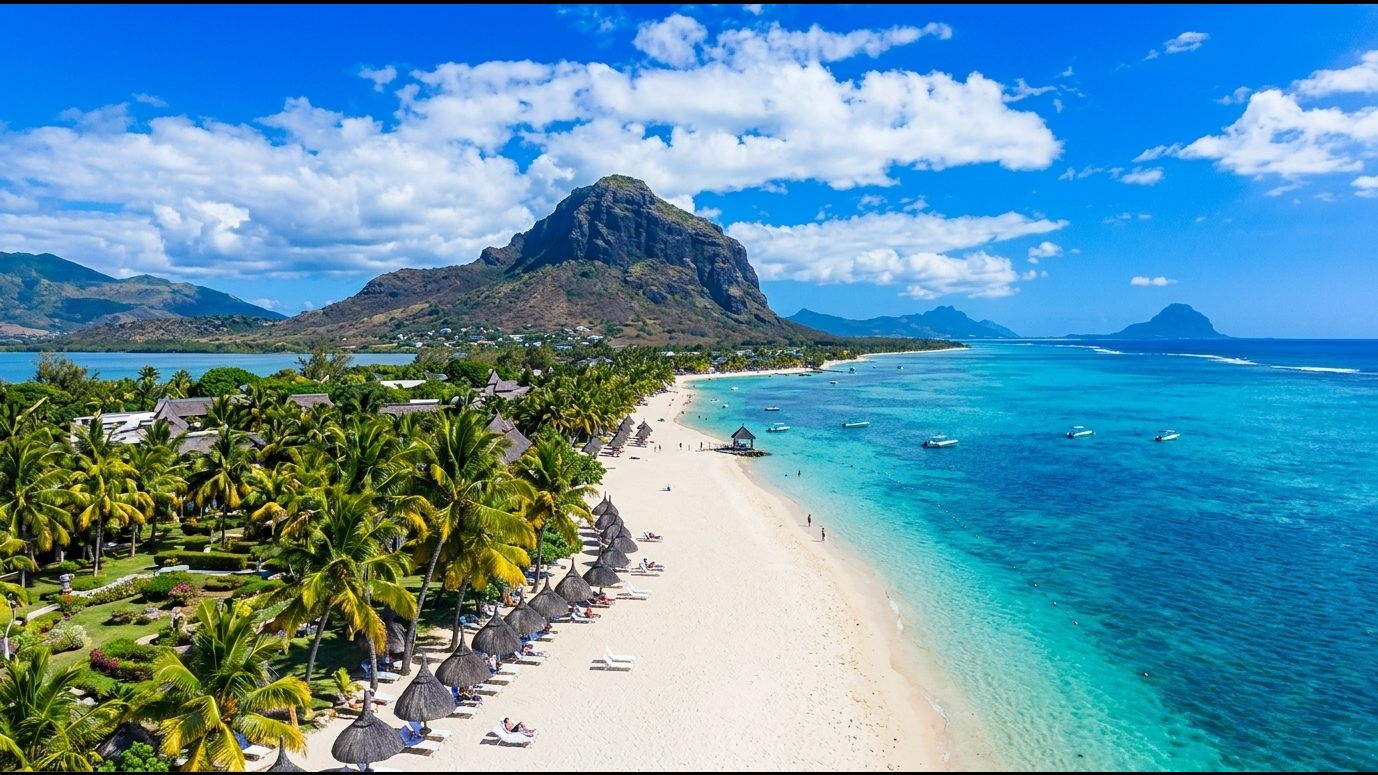 Plage de sable blanc et lagon turquoise de la côte ouest de l’île Maurice, face au Morne Brabant