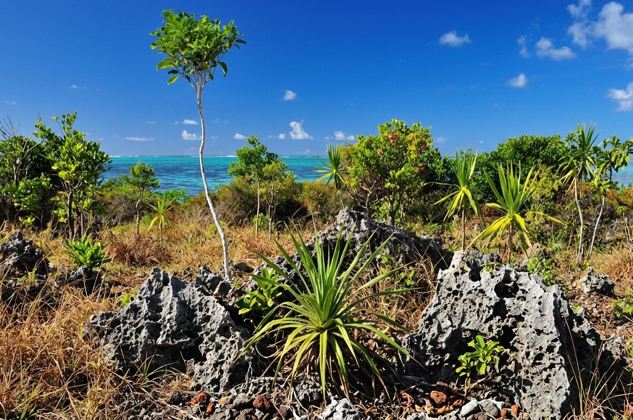 Forêt sèche côtière sur corail surélevé, végétation endémique de l’île aux Aigrettes, à l’île Maurice