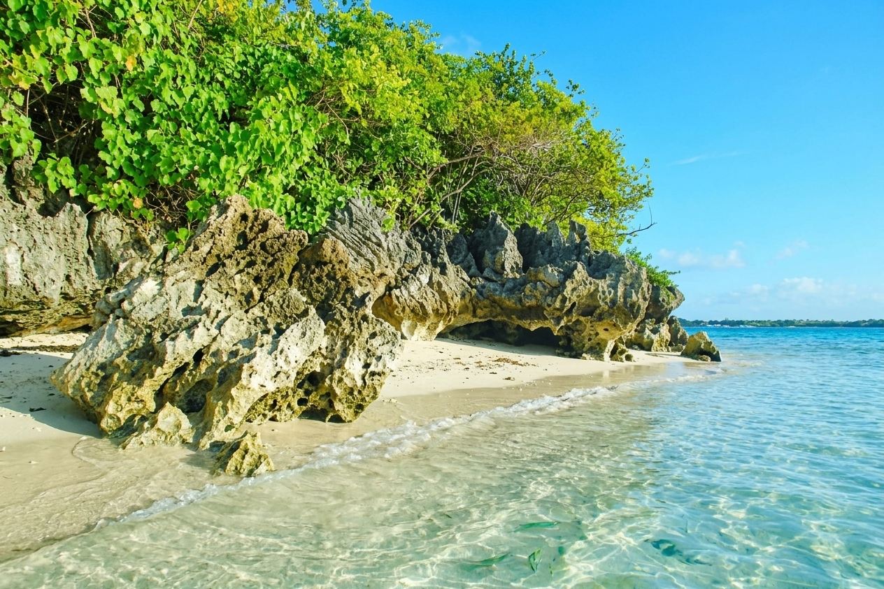 Rivage de corail et végétation indigène de l’île aux Aigrettes, dans le lagon de Mahébourg, à l’île Maurice
