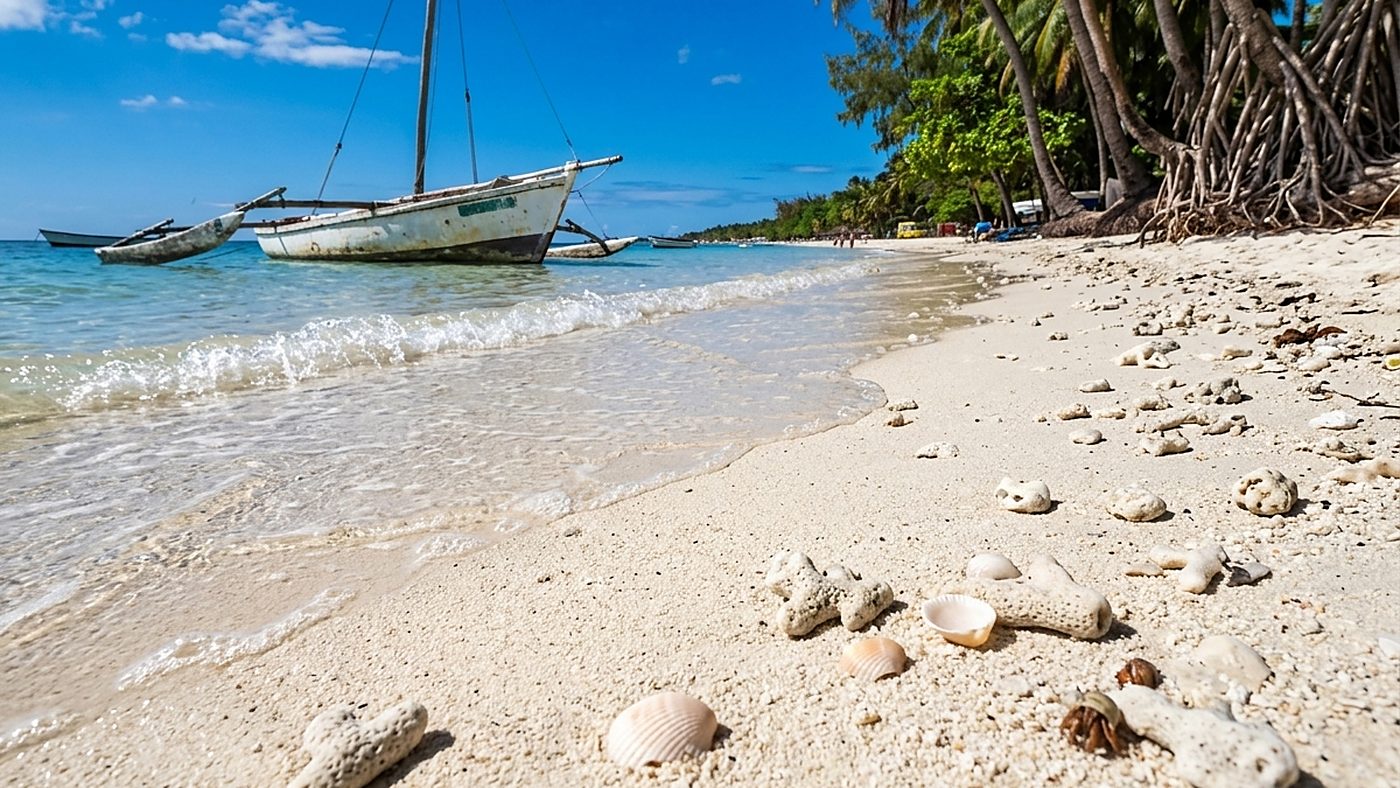 Pirogue traditionnelle échouée sur le sable blanc et coraux au bord de l&rsquo;eau, sur une plage du nord de l&rsquo;île Maurice