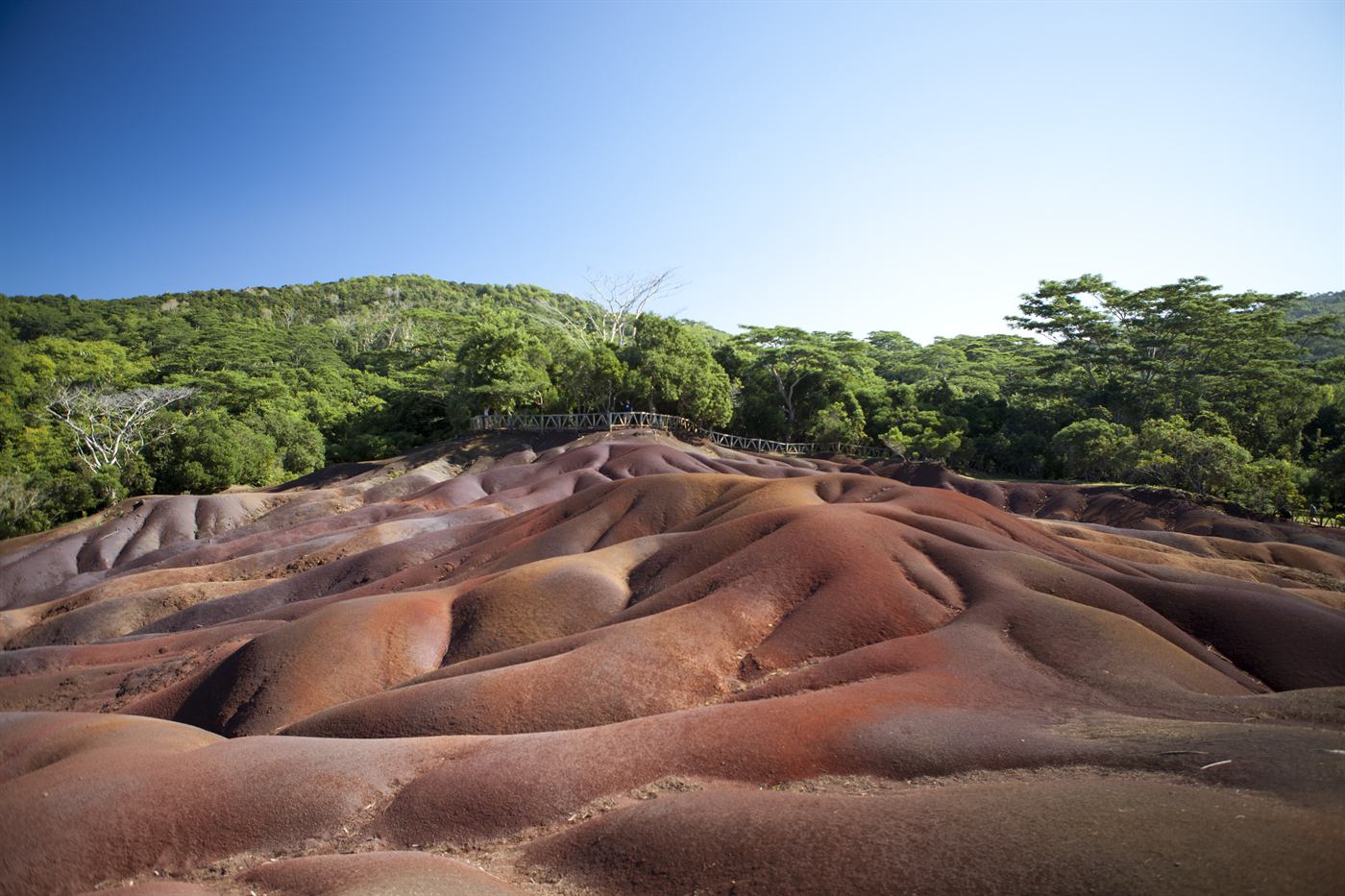 Dunes ondulées des Terres des Sept Couleurs de Chamarel, teintes ocre et rouge, à l’île Maurice