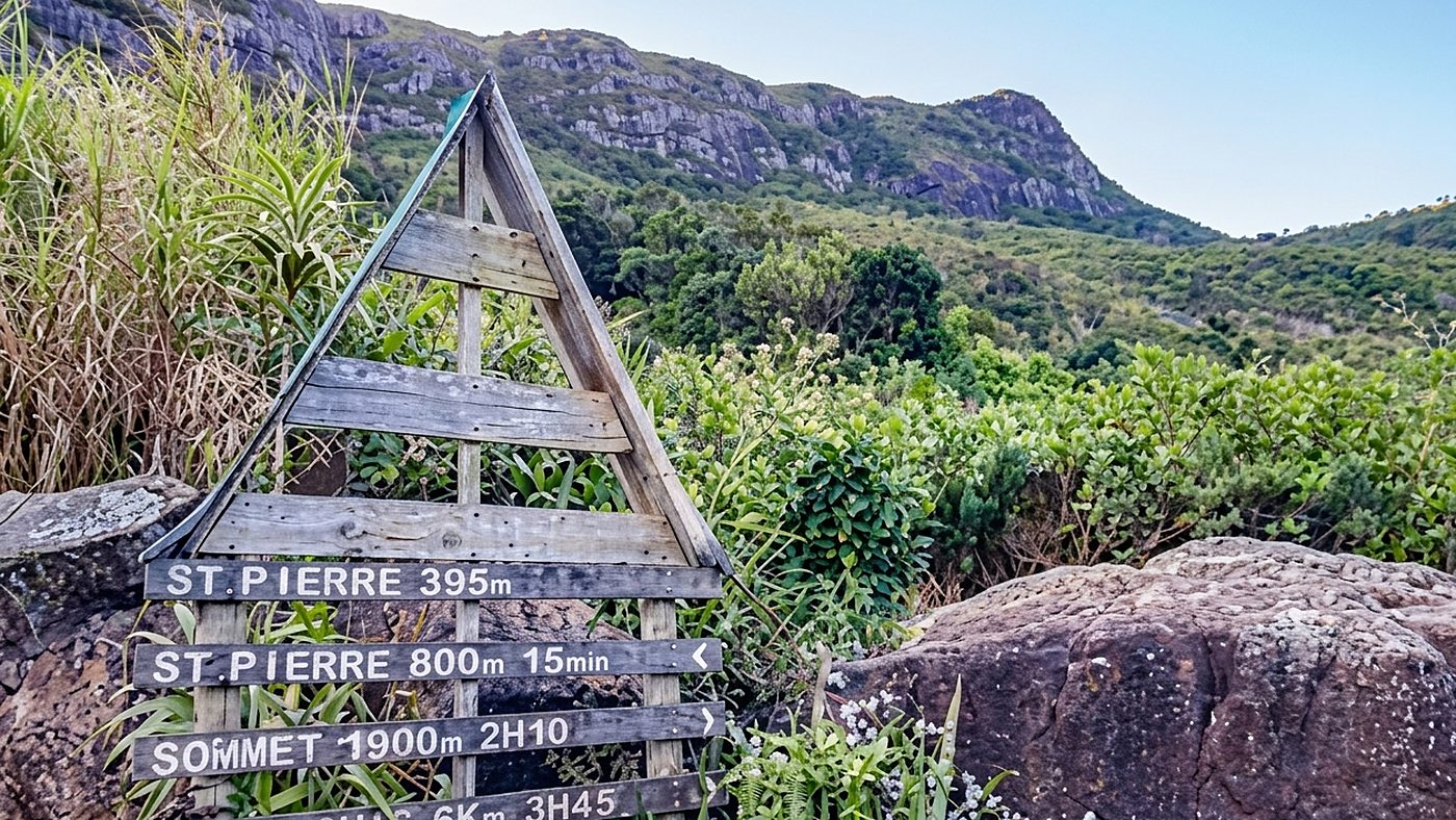 Panneau de bois sur le sentier du Pouce indiquant le sommet et Port-Louis, à l&rsquo;île Maurice