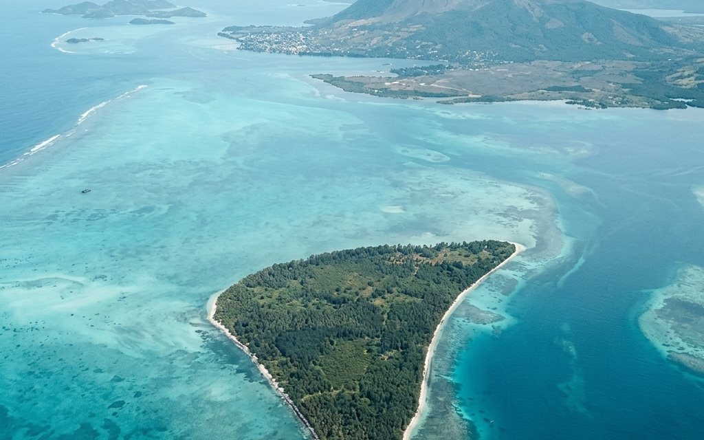 Vue aérienne de l&rsquo;île aux Bénitiers dans le lagon, face à la côte sud-ouest de l&rsquo;île Maurice